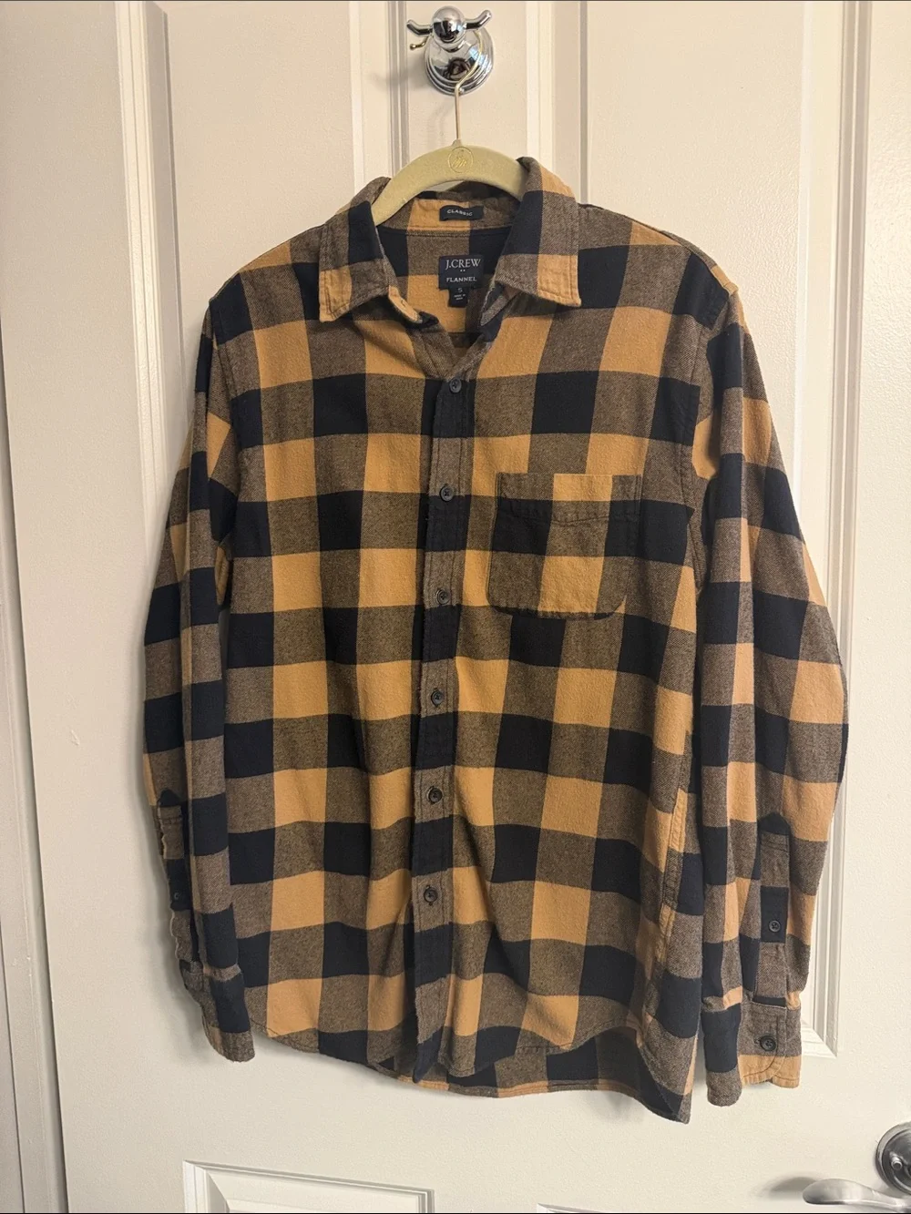 J. Crew Men’s Black and Mustard Plaid Flannel Button-Up